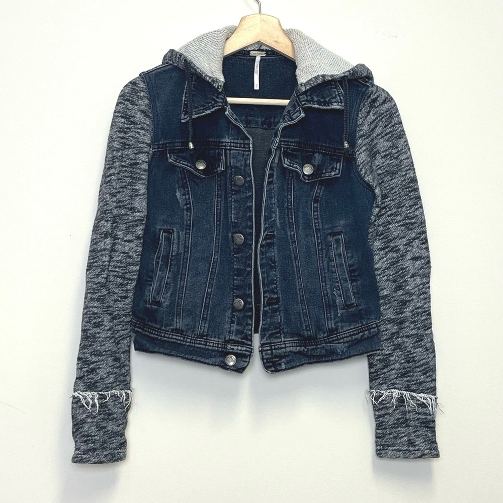 Free People Distressed Denim Jacket with Detachable Hood XS
